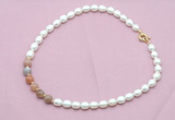 CFN437 9 - 10mm rice white freshwater pearl & rainbow moonstone necklace