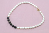 CFN438 9 - 10mm rice white freshwater pearl & golden obsidian necklace