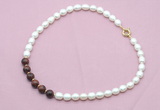 CFN440 9 - 10mm rice white freshwater pearl & mahogany obsidian necklace