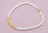 CFN442 9 - 10mm rice white freshwater pearl & honey jade necklace