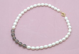 CFN443 9 - 10mm rice white freshwater pearl & grey agate gemstone necklace