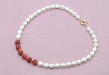 CFN444 9 - 10mm rice white freshwater pearl & red banded agate necklace