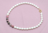 CFN445 9 - 10mm rice white freshwater pearl & rhodonite gemstone necklace