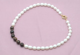 CFN446 9 - 10mm rice white freshwater pearl & bronzite gemstone necklace