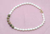 CFN447 9 - 10mm rice white freshwater pearl & unakite gemstone necklace