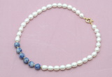 CFN450 9 - 10mm rice white freshwater pearl & blue spot stone necklace