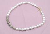 CFN452 9 - 10mm rice white freshwater pearl & feldspar gemstone necklace