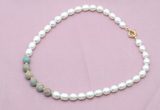 CFN457 9 - 10mm rice white freshwater pearl & serpentine jasper necklace