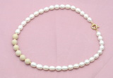 CFN459 9 - 10mm rice white freshwater pearl & white fossil jasper necklace