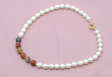 CFN460 9 - 10mm rice white freshwater pearl & picasso jasper necklace