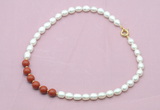 CFN461 9 - 10mm rice white freshwater pearl & red jasper gemstone necklace