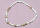 CFN514 9mm - 10mm potato white freshwater pearl & yellow crazy lace agate necklace