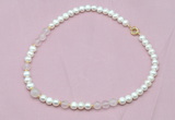 CFN517 9mm - 10mm potato white freshwater pearl & rose quartz necklace