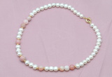 CFN518 9mm - 10mm potato white freshwater pearl & pink opal necklace