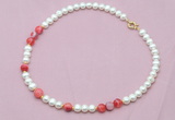 CFN523 9mm - 10mm potato white freshwater pearl & red banded agate necklace