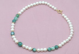 CFN524 9mm - 10mm potato white freshwater pearl & green banded agate necklace