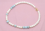 CFN535 9mm - 10mm potato white freshwater pearl & aquamarine necklace