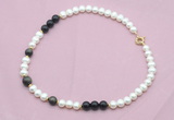 CFN538 9mm - 10mm potato white freshwater pearl & golden obsidian necklace