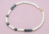 CFN539 9mm - 10mm potato white freshwater pearl & snowflake obsidian necklace