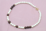 CFN540 9mm - 10mm potato white freshwater pearl & mahogany obsidian necklace