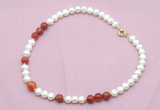 CFN544 9mm - 10mm potato white freshwater pearl & red banded agate necklace