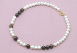 CFN546 9mm - 10mm potato white freshwater pearl & bronzite gemstone necklace