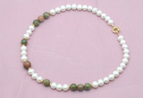 CFN547 9mm - 10mm potato white freshwater pearl & unakite gemstone necklace