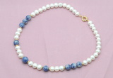 CFN550 9mm - 10mm potato white freshwater pearl & blue spot stone necklace