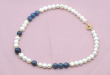 CFN551 9mm - 10mm potato white freshwater pearl & dumortierite necklace