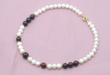 CFN554 9mm - 10mm potato white freshwater pearl & brecciated jasper necklace