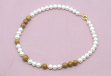 CFN556 9mm - 10mm potato white freshwater pearl & wooden jasper necklace