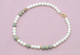 CFN557 9mm - 10mm potato white freshwater pearl & serpentine jasper necklace