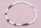 CFN560 9mm - 10mm potato white freshwater pearl & picasso jasper necklace