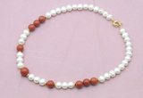 CFN561 9mm - 10mm potato white freshwater pearl & red jasper necklace