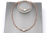 CFN602 4mm faceted round orange moonstone & potato white freshwater pearl jewelry set