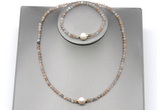 CFN603 4mm faceted round rainbow moonstone & potato white freshwater pearl jewelry set