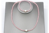 CFN605 4mm faceted round rose quartz & potato white freshwater pearl jewelry set