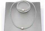 CFN607 4mm faceted round prehnite & potato white freshwater pearl jewelry set