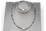 CFN611 4mm faceted round black rutilated quartz & potato white freshwater pearl jewelry set