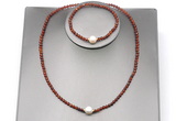 CFN612 4mm faceted round orange garnet & potato white freshwater pearl jewelry set