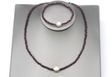 CFN614 4mm faceted round garnet & potato white freshwater pearl jewelry set