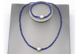 CFN618 4mm faceted round lapis lazuli & potato white freshwater pearl jewelry set