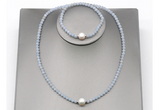 CFN619 4mm faceted round blue angel skin & potato white freshwater pearl jewelry set