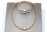 CFN622 4mm faceted round yellow jade & potato white freshwater pearl jewelry set