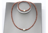 CFN623 4mm faceted round goldstone & potato white freshwater pearl jewelry set