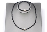 CFN625 4mm faceted round black tourmaline & potato white freshwater pearl jewelry set