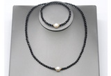 CFN627 4mm faceted round black spinel & potato white freshwater pearl jewelry set