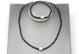 CFN628 4mm faceted round golden obsidian & potato white freshwater pearl jewelry set