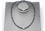 CFN629 4mm faceted round snowflake obsidian & potato white freshwater pearl jewelry set