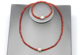 CFN632 4mm faceted round red agate & potato white freshwater pearl jewelry set